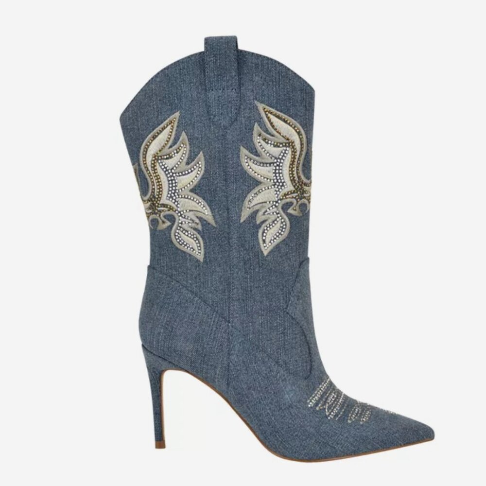 Guess 6 M Women's Rasima Denim Rhinestone Embellished High Heel Western Boots